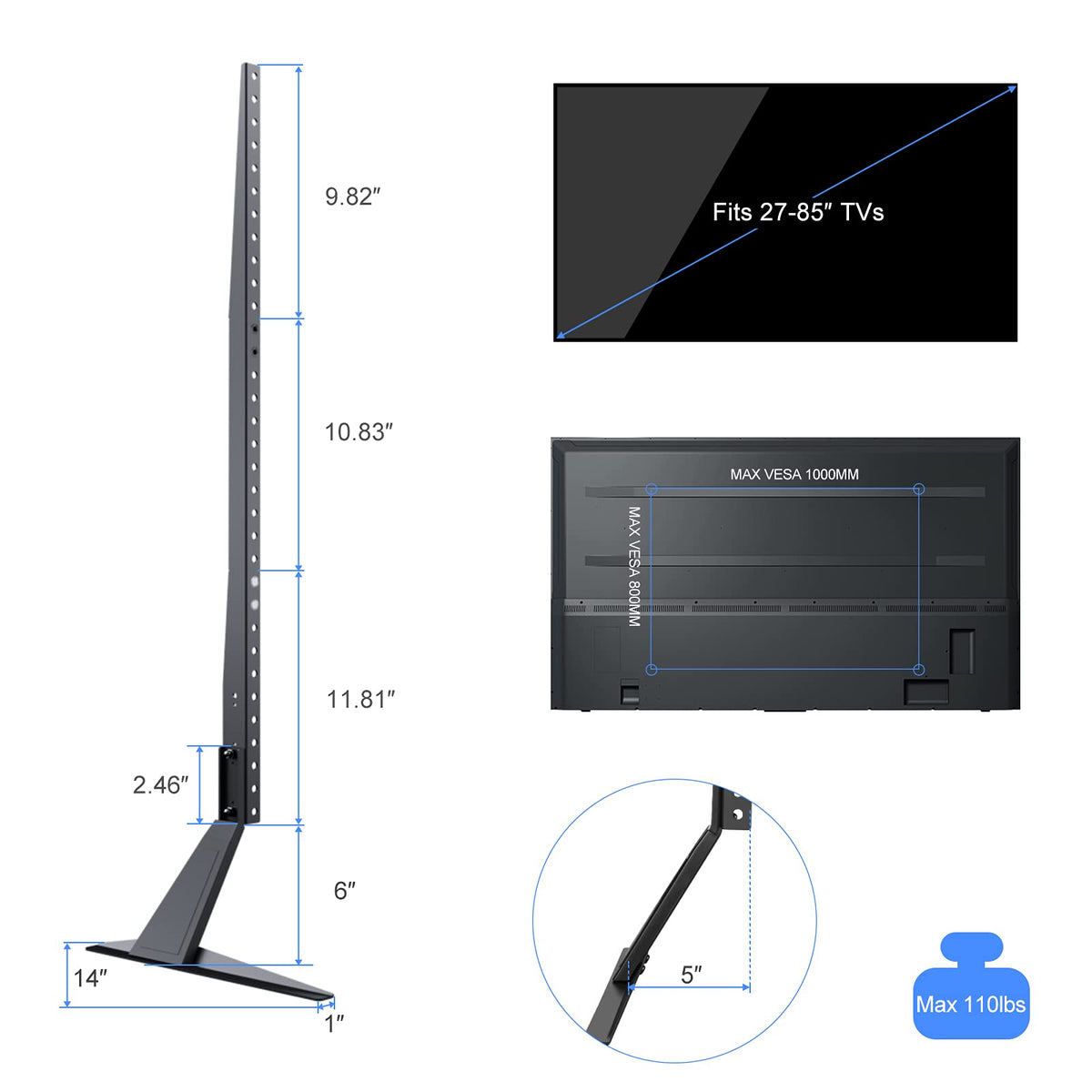 Universal TV Stand, Metal TV Legs for 20-65 inch LCD/LED/OLED/Plasma Flat&Curved Screen TV Height Adjustment with VESA 75x75mm to 800x500mm Max ML1760
