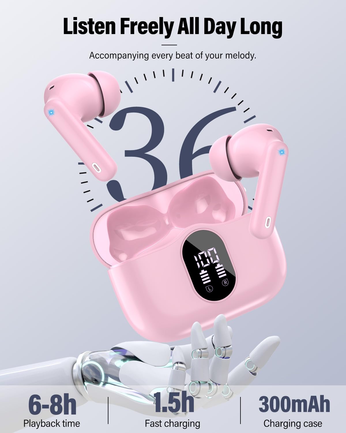 Wireless Earbuds, Bluetooth 5.4 Headphones Bass Stereo/Clear Calls, White