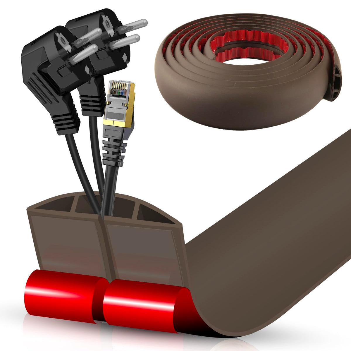 Floor Cord Cover Self Adhesive Cord Hider,3.3FT Cable Management, Extension Strip Protector for Wires, Prevent Cable Trips for Offices, Gyms, Exhibitions Cavity:0.3"(W) x 0.28"(H) Brown Wood