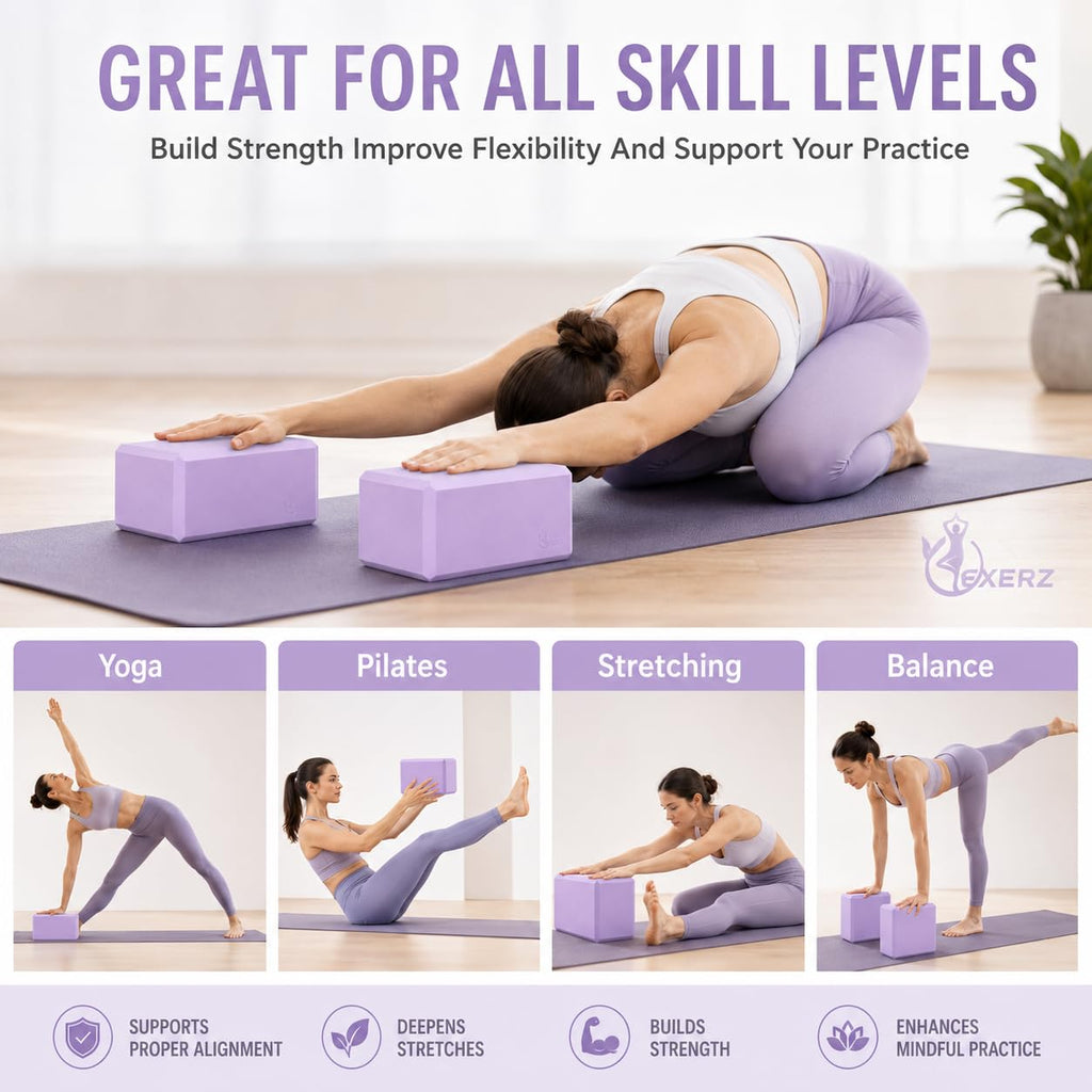 EXERZ Yoga Blocks 2pcs Gym Bricks -Comfortable Fitness Yoga Bricks, Anti-Slip, Lightweight and Travel Friendly Pilates Practice