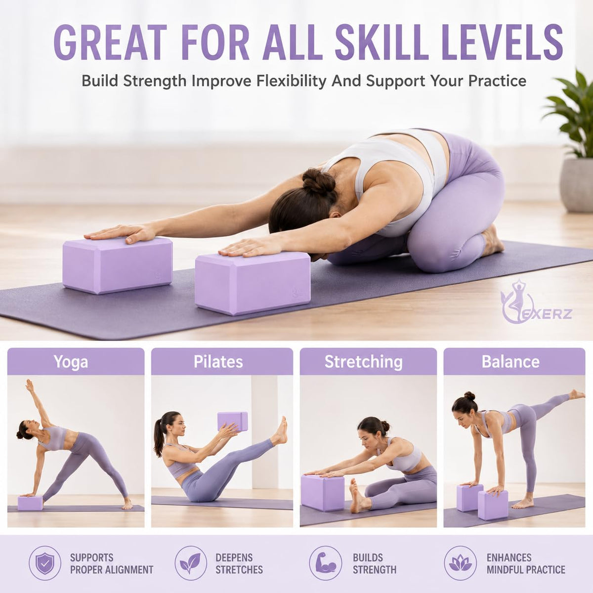 EXERZ Yoga Blocks 2pcs Gym Bricks -Comfortable Fitness Yoga Bricks, Anti-Slip, Lightweight and Travel Friendly Pilates Practice