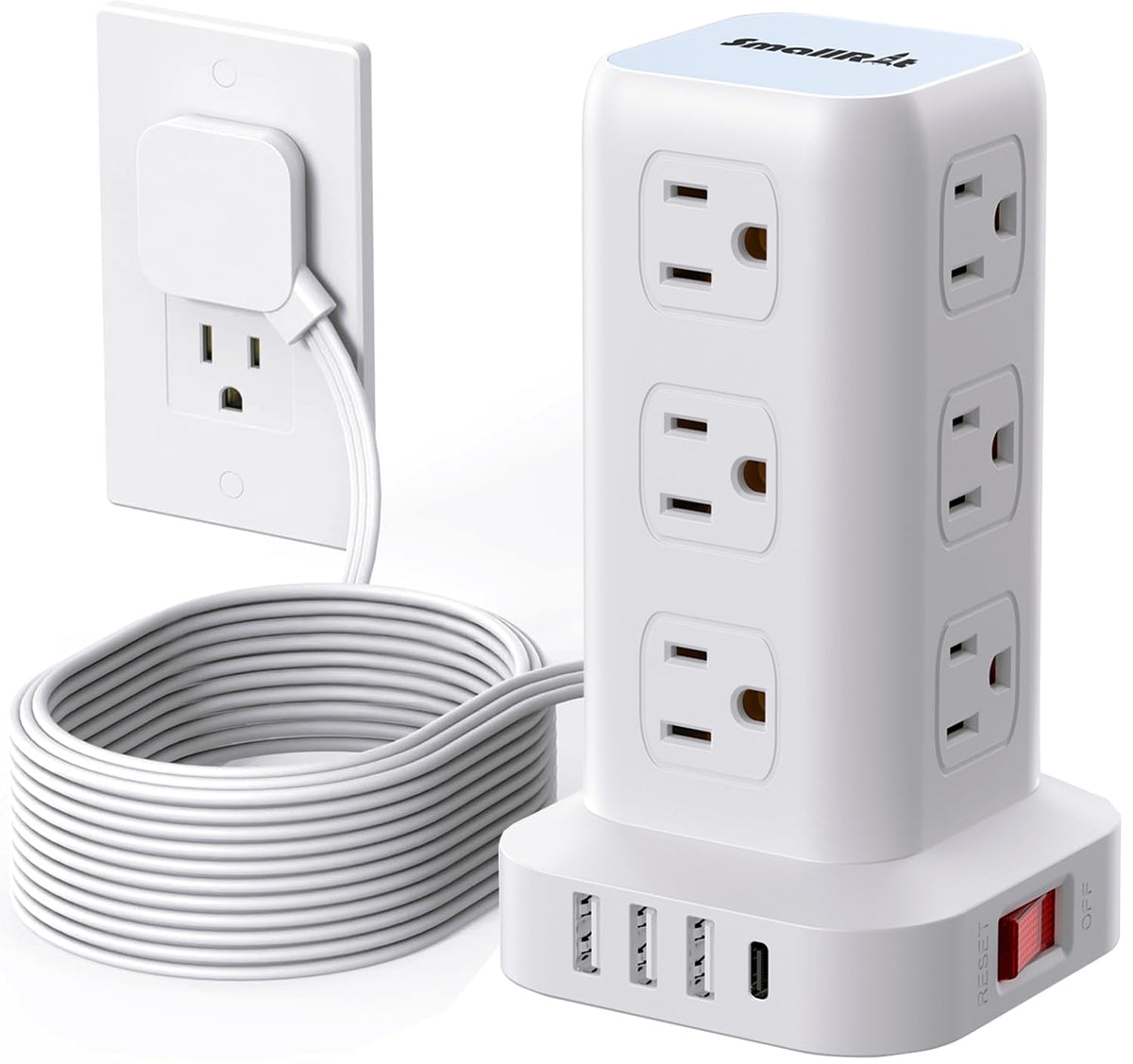 Extension Cord with Multiple Outlets, SMALLRT Power Strip Tower, PD 20W USB C, Outlet Extender with USB Ports 12 AC Outlets, 6.5FT Extension Cord for Home Office, Overload Protection