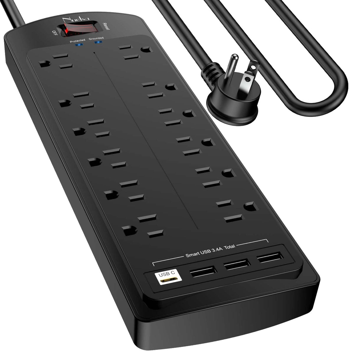 Surge Protector Power Strip - Nuetsa Flat Plug Extension Cord with 8 Outlets and 4 USB Ports, 6 Feet Power Cord, 2700 Joules, ETL Listed, Black