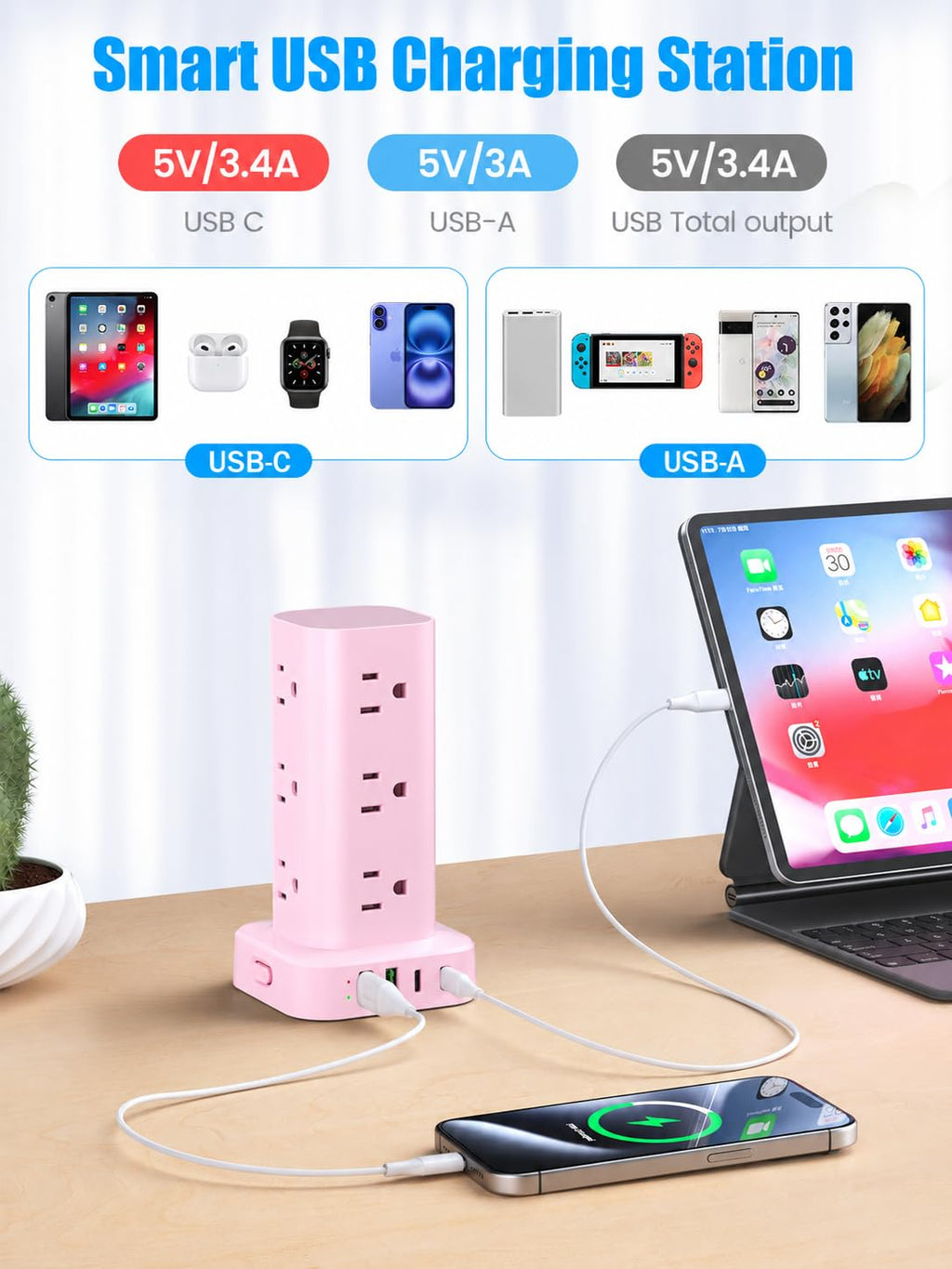 6FT Power Strip Tower with Wireless Charger,Surge Protector with 12 Outlets