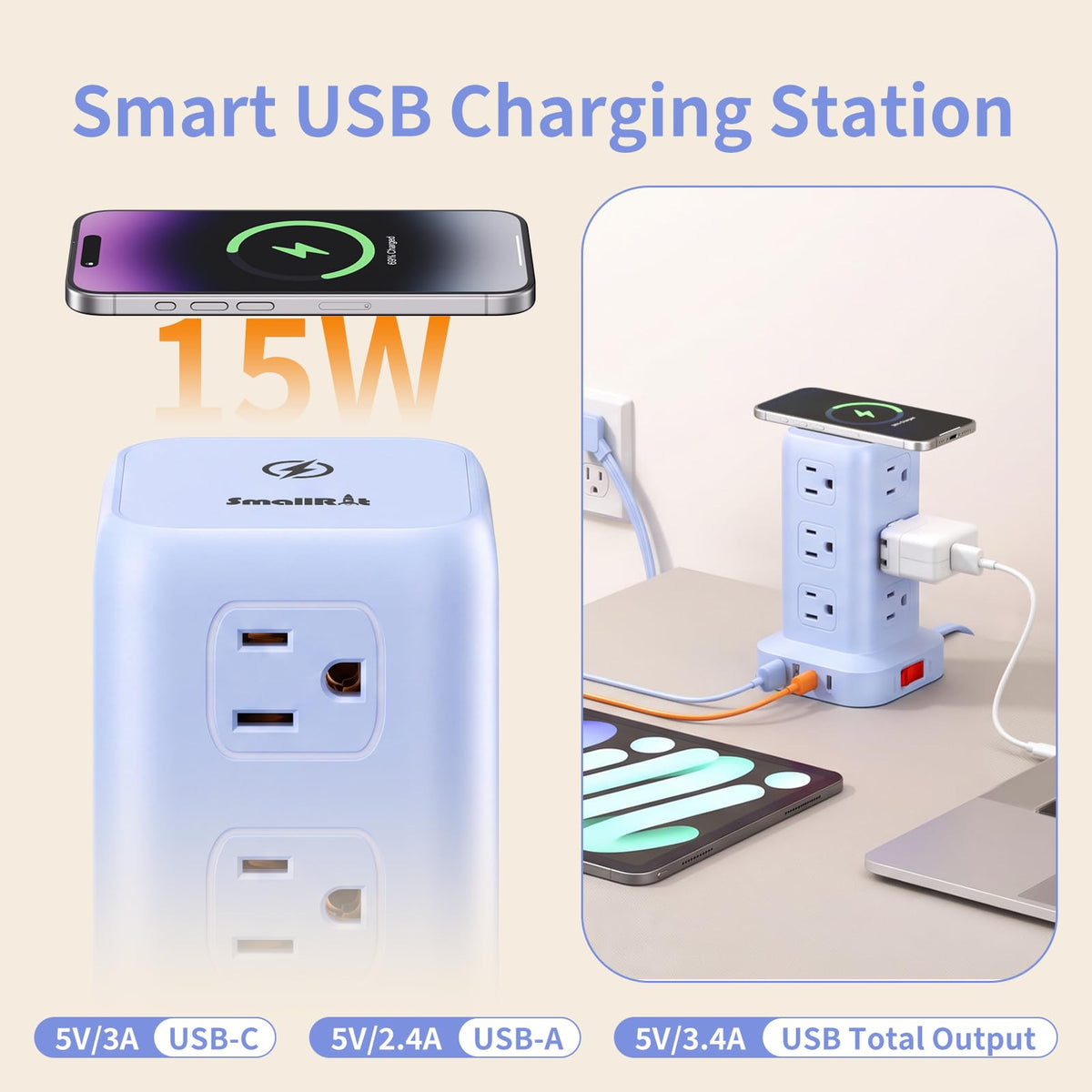 Extension Cord with Multiple Outlets, SMALLRT Power Strip Tower, PD 20W USB C, Outlet Extender with USB Ports 12 AC Outlets, 6.5FT Extension Cord for Home Office, Overload Protection