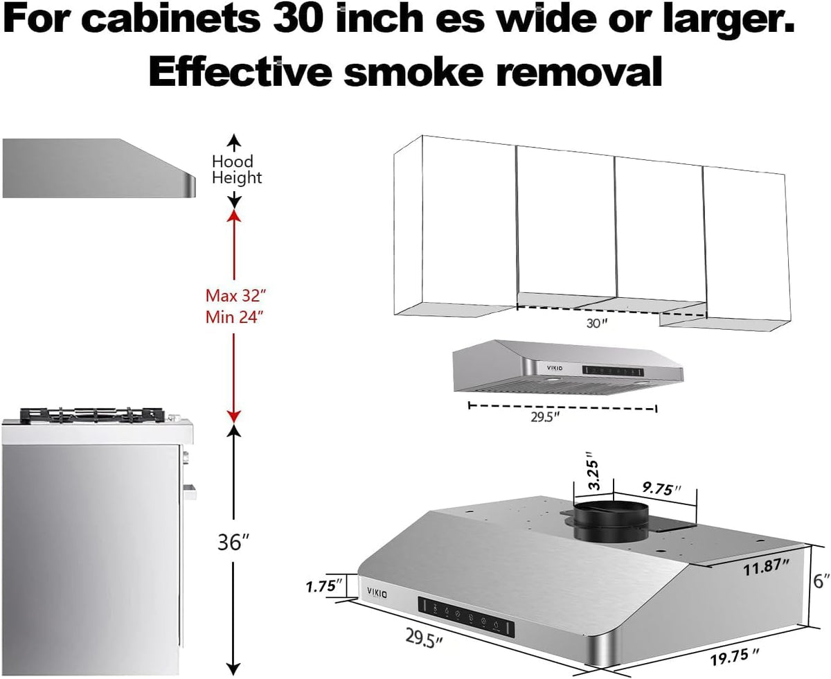 VIKIO HOME 30 Inch Under Cabinet Range Hood, 980CFM Fast Venting Ducted, Kitchen Hood With 3 Speed Gesture Sensing & Touch Control, Stainless Steel Stove Hood With LED Light And 2 Baffle Filters