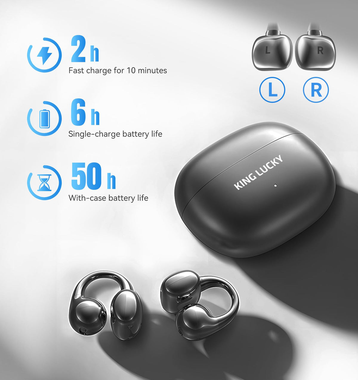 Kinglucky Clip-On Earbuds Gen 3, Open-Ear Wireless Bluetooth 6.0 Headphones with Mic, Secure Fit for Small Ears & Glasses Wearers, 50H Playtime, LED Digital Display, ENC, IPX5 Waterproof(Balck)