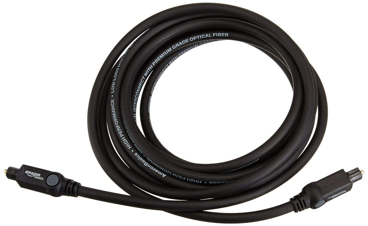 Amazon Basics Toslink Digital Optical Audio Fiber Optic Cable, Multi-Channel, for Sound Bar, Audio System, Home Theatre, Game Console, Blu-Ray Player, Gold-Plated Connectors, 6 Foot, Black