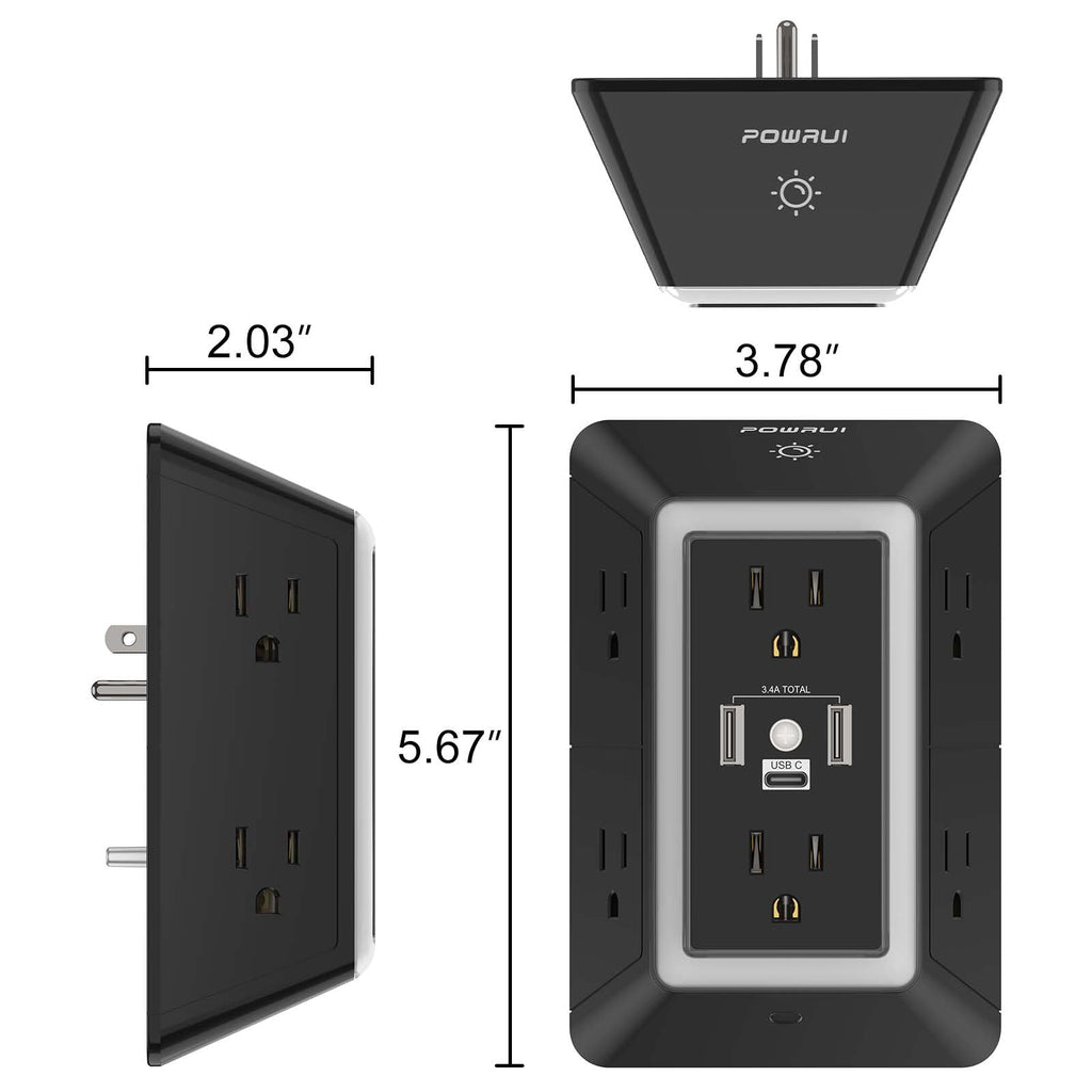 Multi Plug Wall Outlet Night Light, POWRUI 6 Outlet Extender & 3 USB Ports