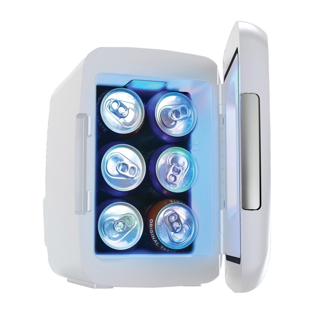 Frigidaire Gaming Light Up Mini Beverage Refrigerator, 6 can, 4 liters, Cooler with large see through door and LED lights Perfect for Gaming Experience, Home, Office, or Cars.12V Charger (Blue)