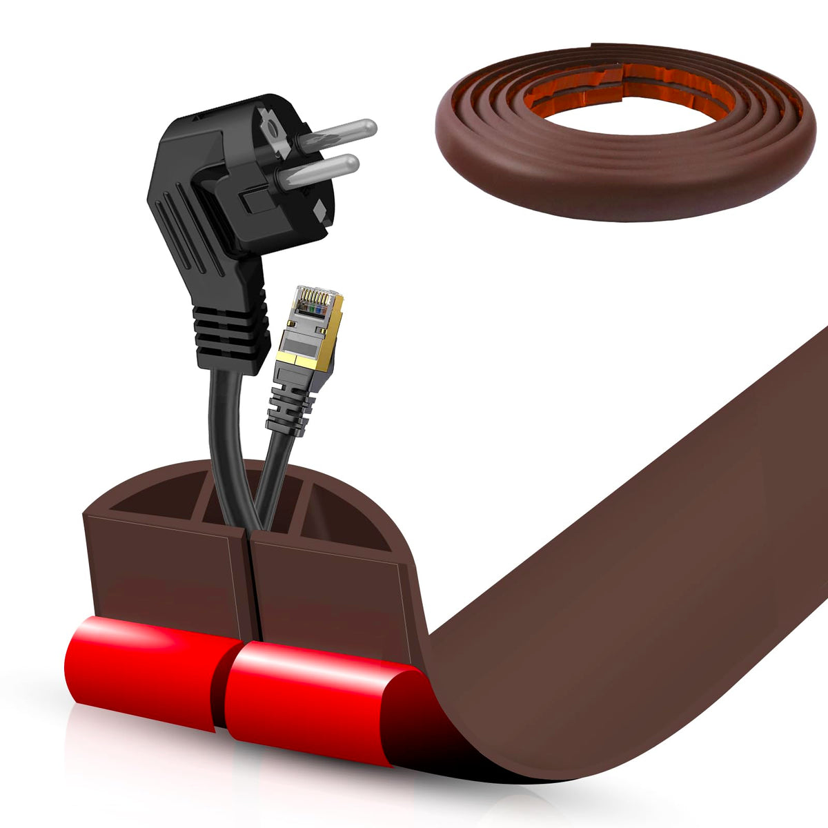 Floor Cord Cover Self Adhesive Cord Hider,3.3FT Cable Management, Extension Strip Protector for Wires, Prevent Cable Trips for Offices, Gyms, Exhibitions Cavity:0.3"(W) x 0.28"(H) Brown Wood