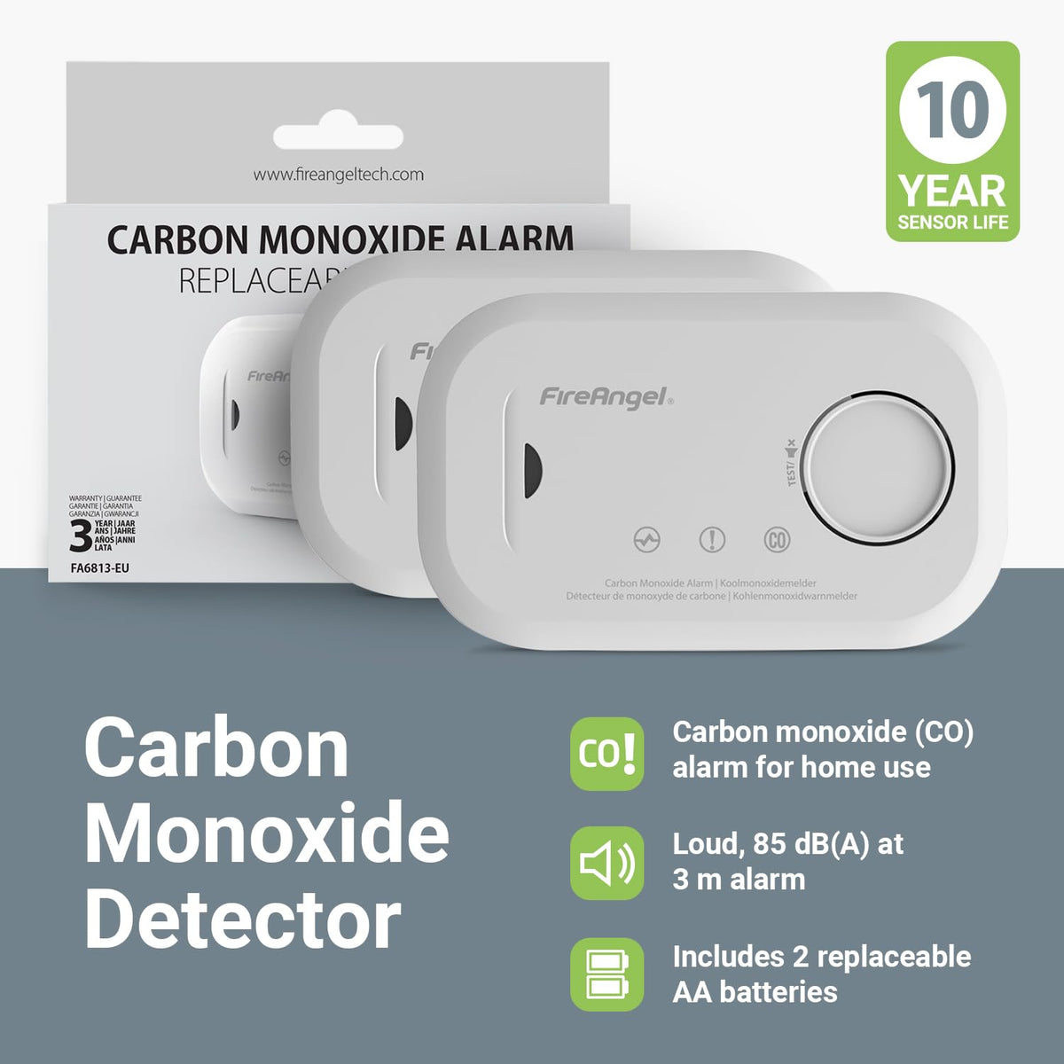 FireAngel FA6813 Portable Carbon Monoxide Detector/Alarm, 10 Year CO Alarm