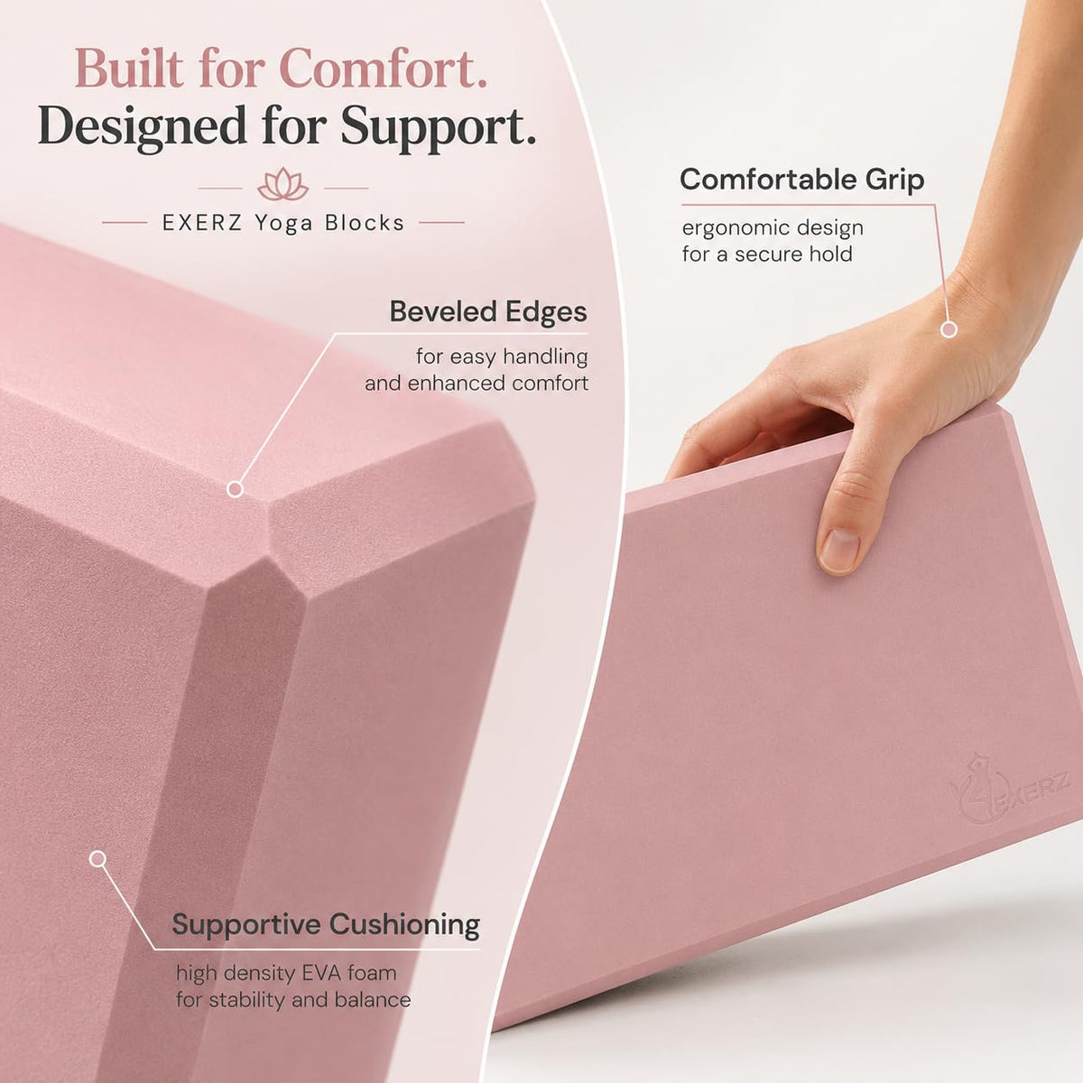 EXERZ Yoga Blocks 2pcs Gym Bricks -Comfortable Fitness Yoga Bricks, Anti-Slip, Lightweight and Travel Friendly Pilates Practice