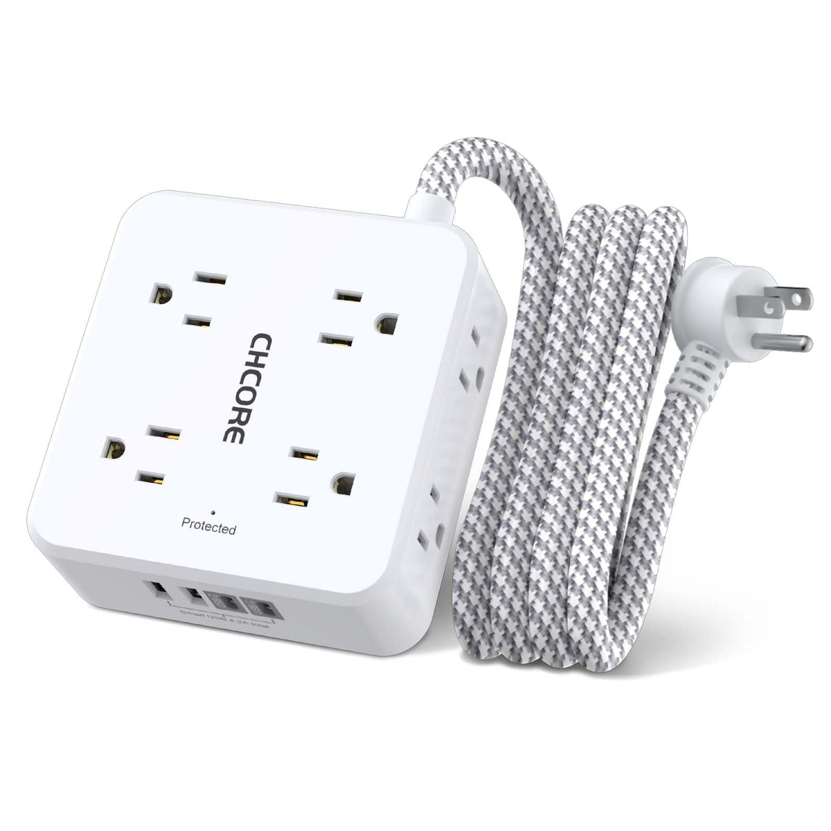 Surge Protector Power Strip - CHCORE 10 Ft Braided Extension Cord with 8 Outlets with 4 USB (2 USB C) Charging Ports, Flat Plug Multi Plug Outlet Extender Charging Station for Home Office, ETL, White