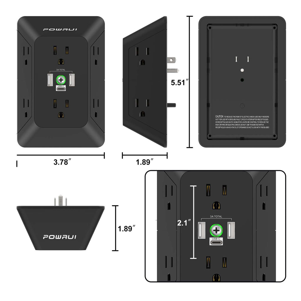 Multi Plug Wall Outlet Night Light, POWRUI 6 Outlet Extender & 3 USB Ports