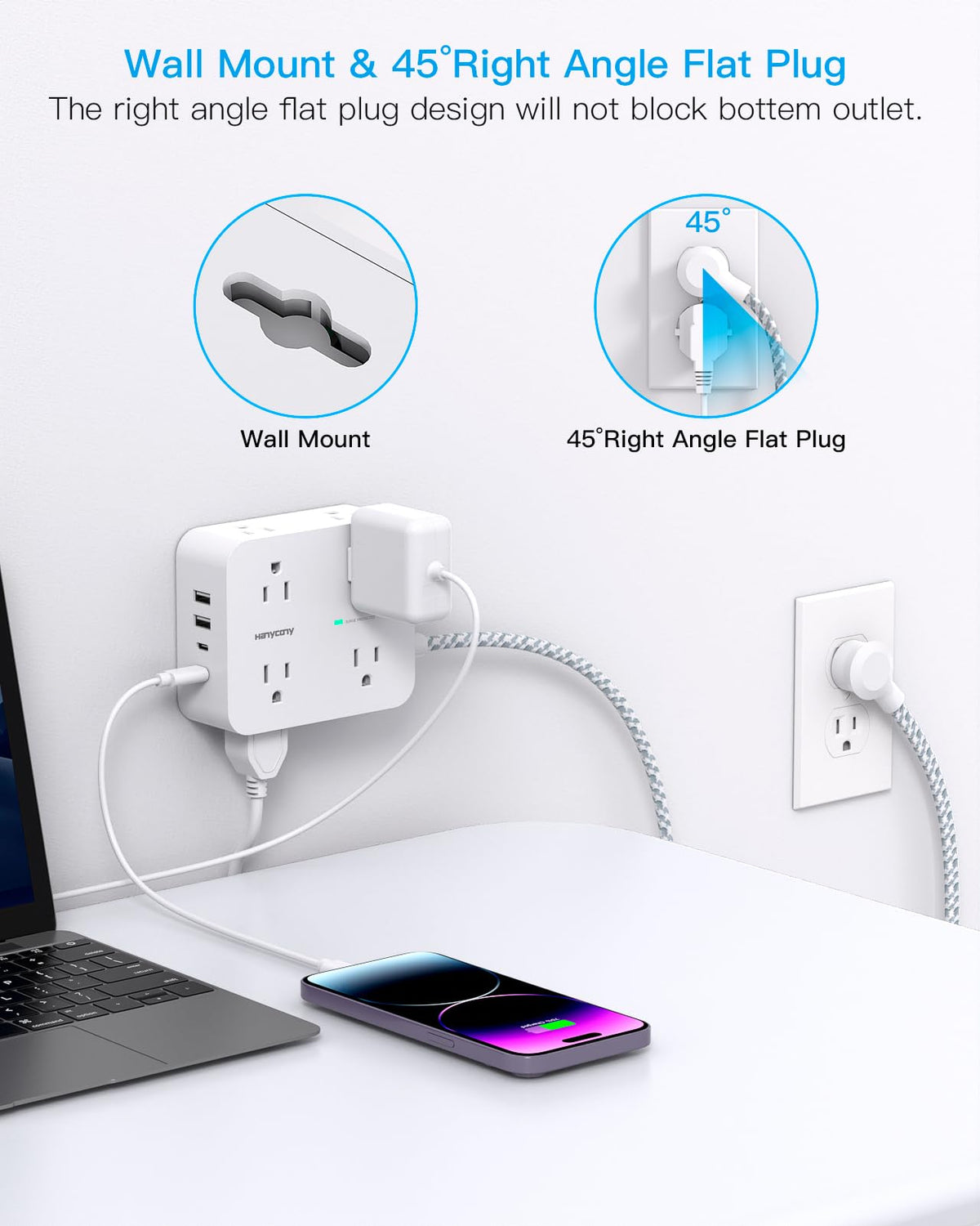 HANYCONY Surge Protector Power Strip, 10 Ft Braided Extension Cord, 1080J