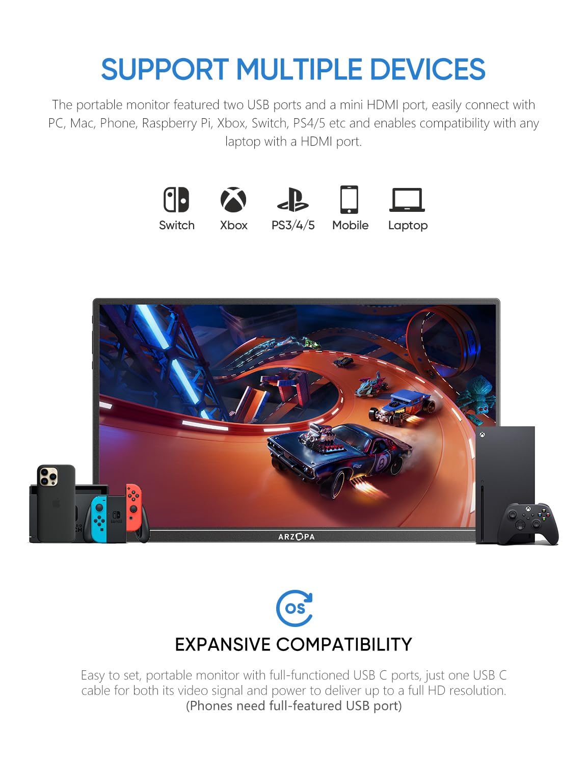 ARZOPA Portable Monitor 15.6" 1920×1080 FHD IPS Portable Monitor for Laptop with Kickstand, Ultra-Slim Second Screen for Laptop/PC/Mac/PS3/4/5/Xbox - USB C & HDMI Connectivity - A1
