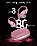PocBuds Bluetooth Headphones Wireless Earbuds 80hrs Playtime Wireless Charging Case Digital Display Sports Ear Buds with Earhook Deep Bass IPX7 Waterproof Over-Ear Earphones for TV Phone Laptop Pink