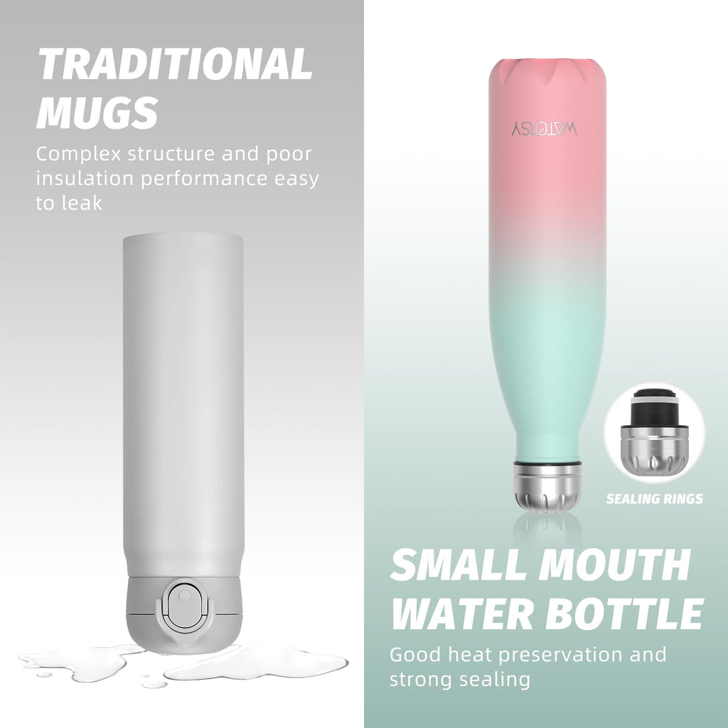 Stainless Steel Insulated Water Bottle, WATERSY Double Walled Metal Vacuum Flask Keep 24 Hrs Cold & 12 Hrs Hot Thermal Metal Sports Bottles 500ml BPA Free for Outdoor, Work, Gym, School (Black)