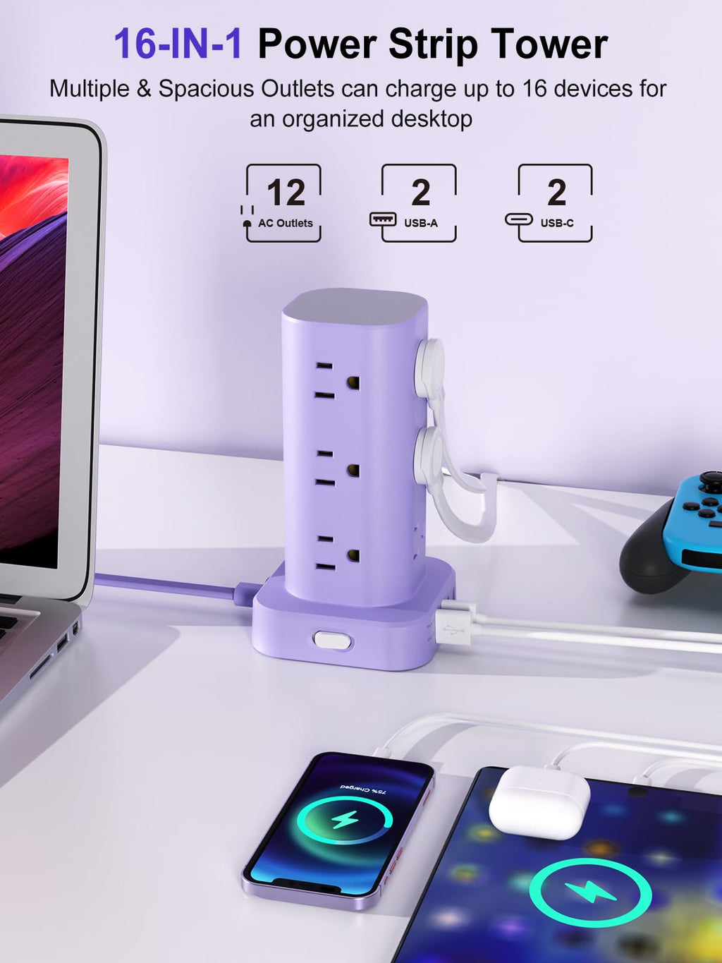 6FT Power Strip Tower with Wireless Charger,Surge Protector with 12 Outlets