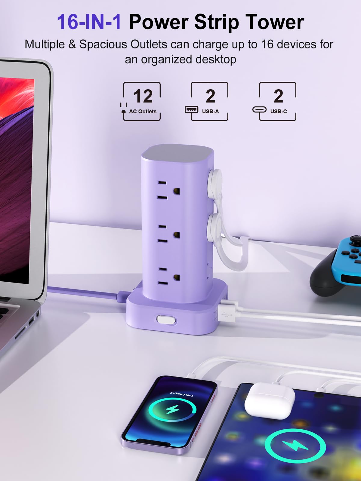 6FT Power Strip Tower with Wireless Charger,Surge Protector with 12 Outlets