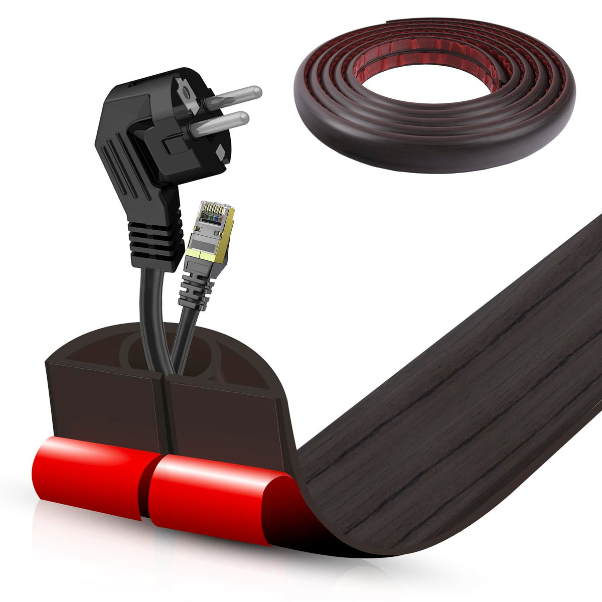 Floor Cord Cover Self Adhesive Cord Hider,3.3FT Cable Management, Extension Strip Protector for Wires, Prevent Cable Trips for Offices, Gyms, Exhibitions Cavity:0.3"(W) x 0.28"(H) Brown Wood