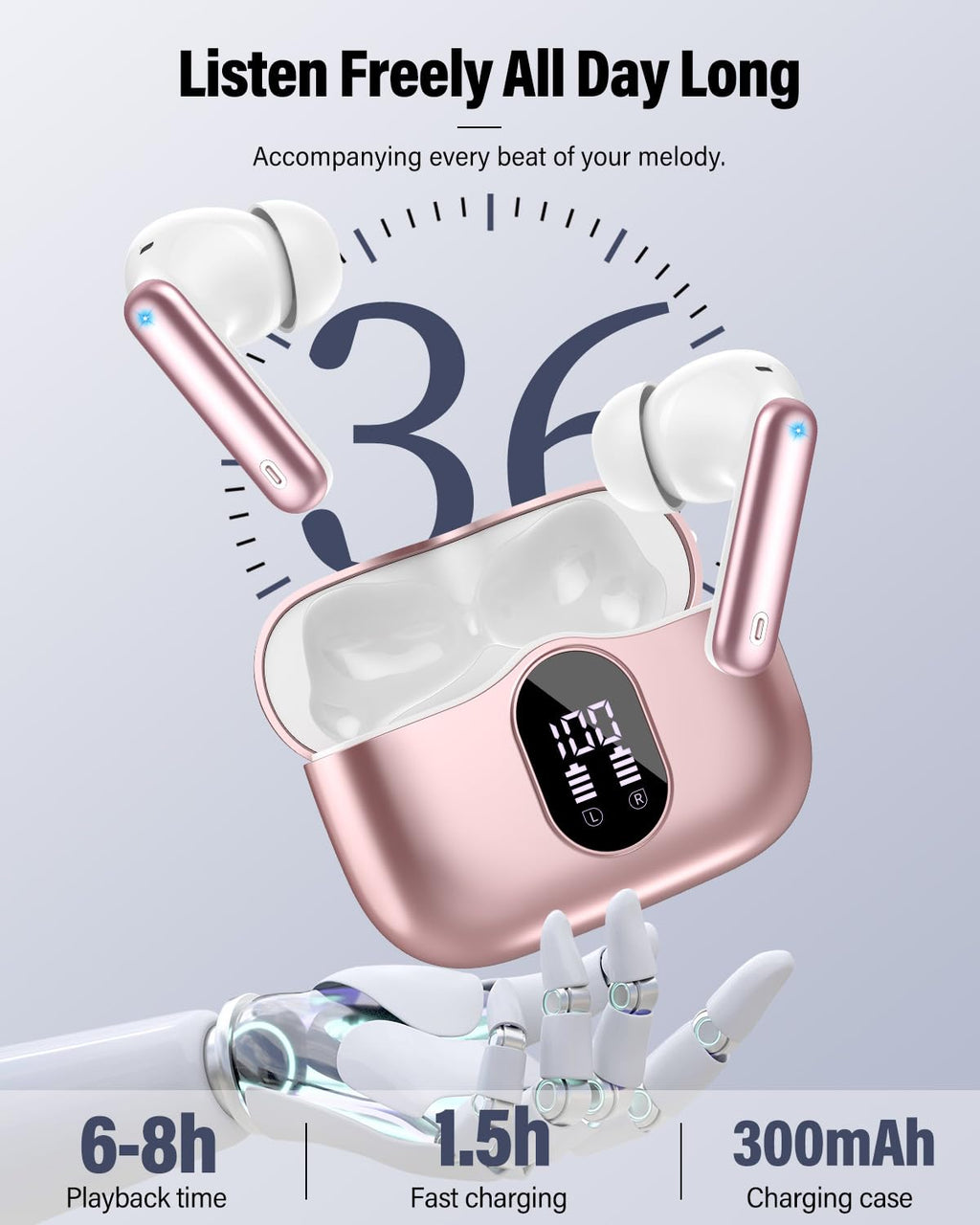 Wireless Earbuds, Bluetooth 5.4 Headphones Bass Stereo/Clear Calls, White