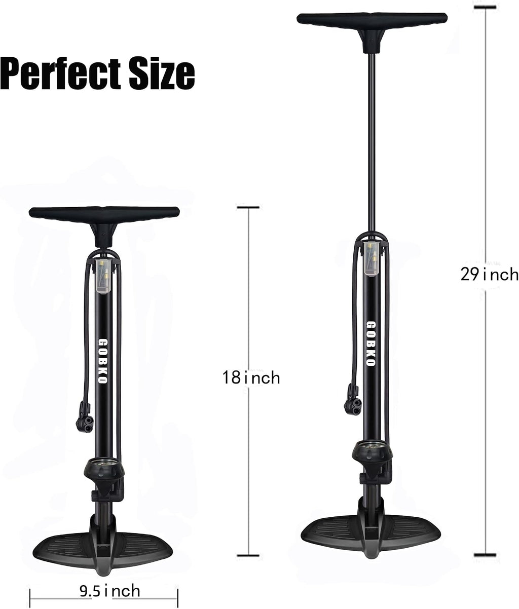GOBKO Bike Pump Bicycle Floor Pump with Gauge, Bicycle Pumps with Presta and Schrader tire Pump multifunctional Air Pump for Road Bike MTB Sports Balls Pump High Pressure 160Psi &11Bar