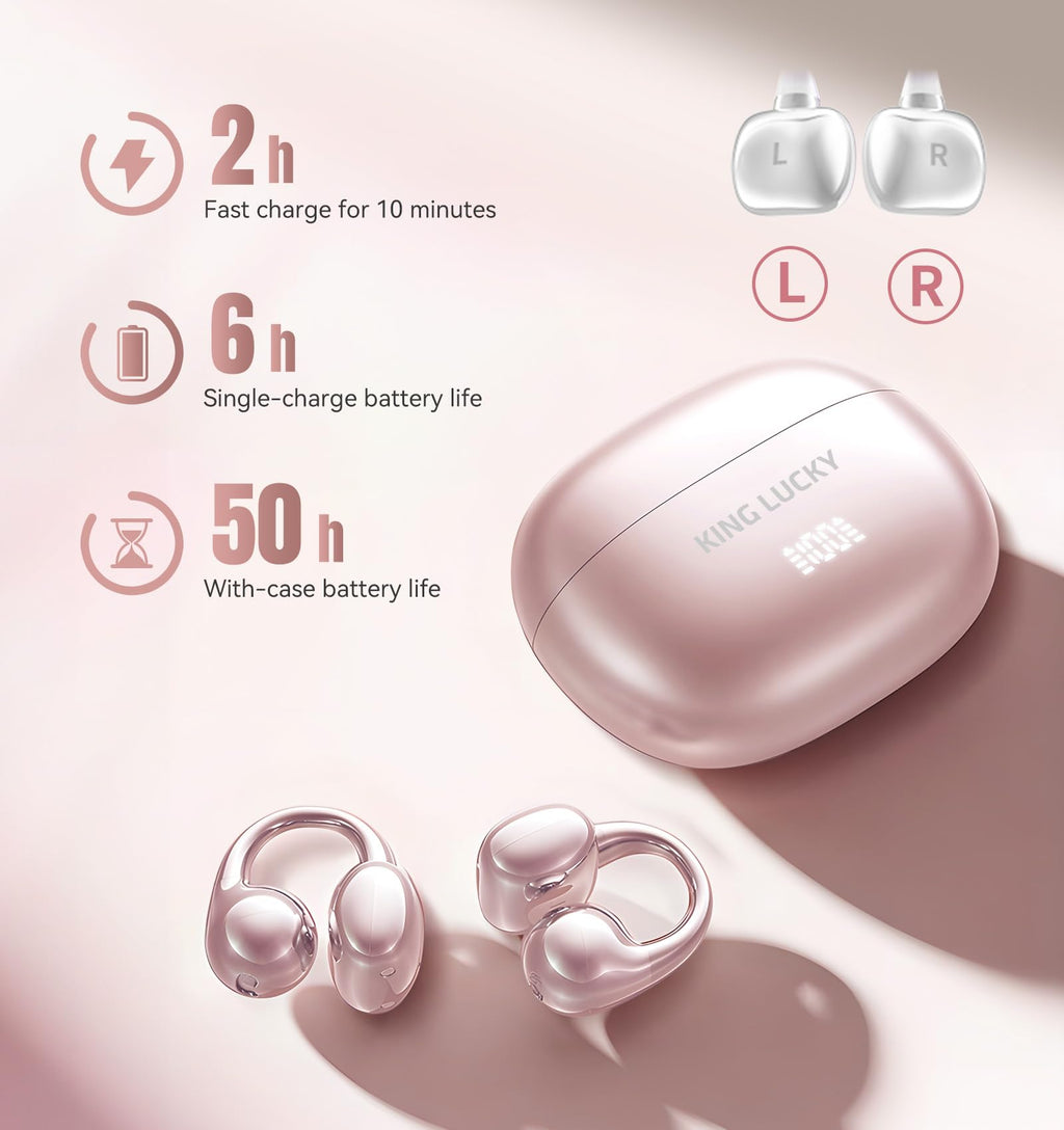 Kinglucky Clip-On Earbuds Gen 3, Open-Ear Wireless Bluetooth 6.0 Headphones with Mic, Secure Fit for Small Ears & Glasses Wearers, 50H Playtime, LED Digital Display, ENC, IPX5 Waterproof(Balck)