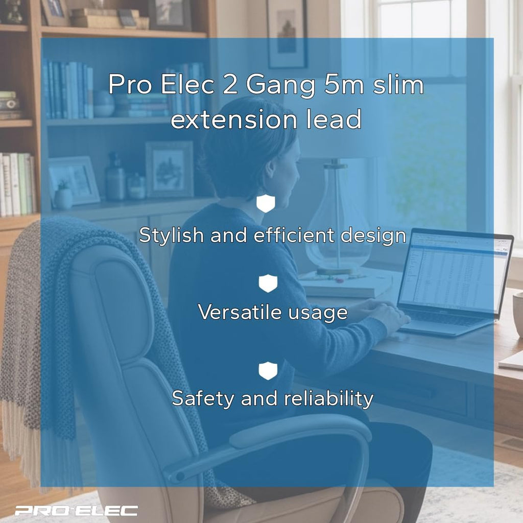 Pro Elec 2 Gang 5m Slim White Extension Lead, BS1363/A Compliant