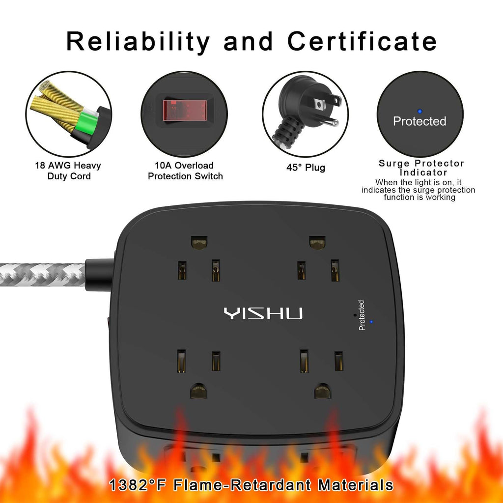 6 Ft Surge Protector Power Strip - YISHU 8 Widely Outlets with 4 USB Ports, 3 Side Outlet Extender with 6 Feet Flat Extension Cord, Ultra Flat Plug, Wall Mount, Desk USB Charging Station, ETL, Black