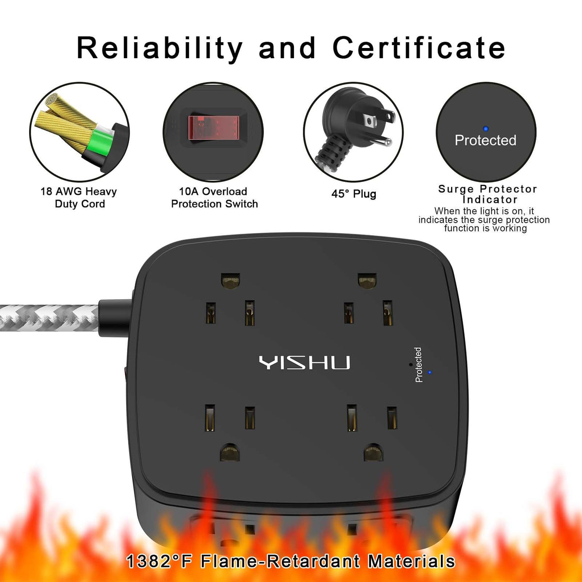 6 Ft Surge Protector Power Strip - YISHU 8 Widely Outlets with 4 USB Ports, 3 Side Outlet Extender with 6 Feet Flat Extension Cord, Ultra Flat Plug, Wall Mount, Desk USB Charging Station, ETL, Black