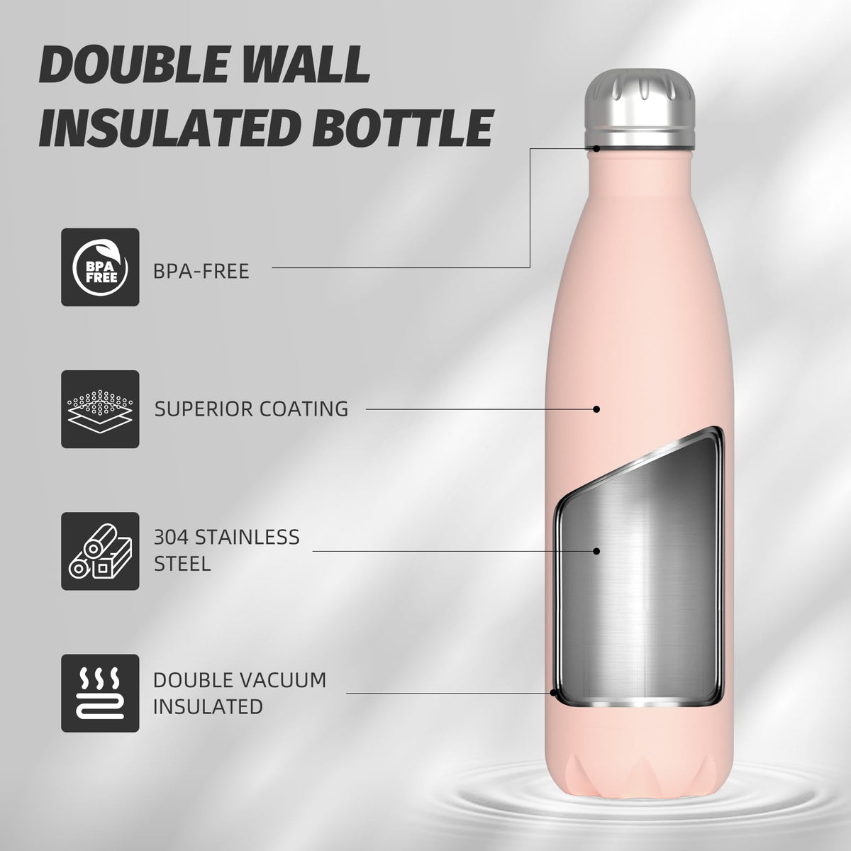 Stainless Steel Insulated Water Bottle, WATERSY Double Walled Metal Vacuum Flask Keep 24 Hrs Cold & 12 Hrs Hot Thermal Metal Sports Bottles 500ml BPA Free for Outdoor, Work, Gym, School (Black)