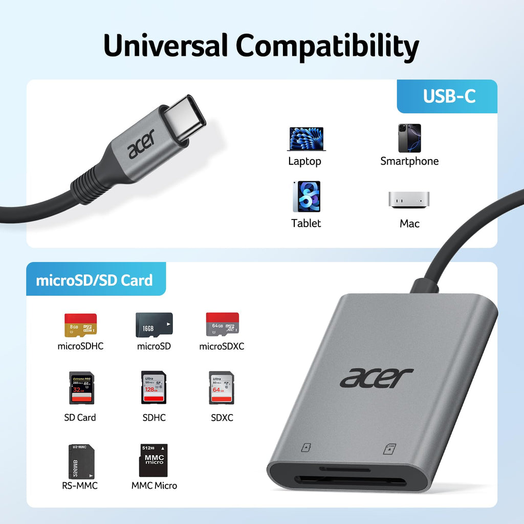 Acer USB-C SD Card Reader, High Speed Type-C Micro SD Card Adapter, USBC External Memory Card Reader SDXC, Micro SDXC Card, Compatible with MacBook Pro/Air, Acer Laptop, iPhone 16, Camera -Silver