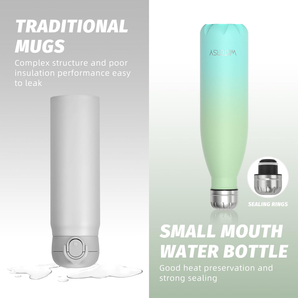 Stainless Steel Insulated Water Bottle, WATERSY Double Walled Metal Vacuum Flask Keep 24 Hrs Cold & 12 Hrs Hot Thermal Metal Sports Bottles 500ml BPA Free for Outdoor, Work, Gym, School (Black)