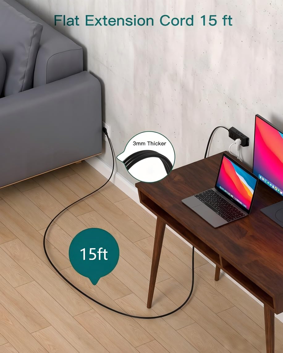 Cruise Essentials - Flat Plug Power Strip, Addtam 5 ft Ultra Flat Extension Cord with 6 Outlets Extender, No Surge Protector for Cruise Ship, Travel, Dorm, Home Office,Black