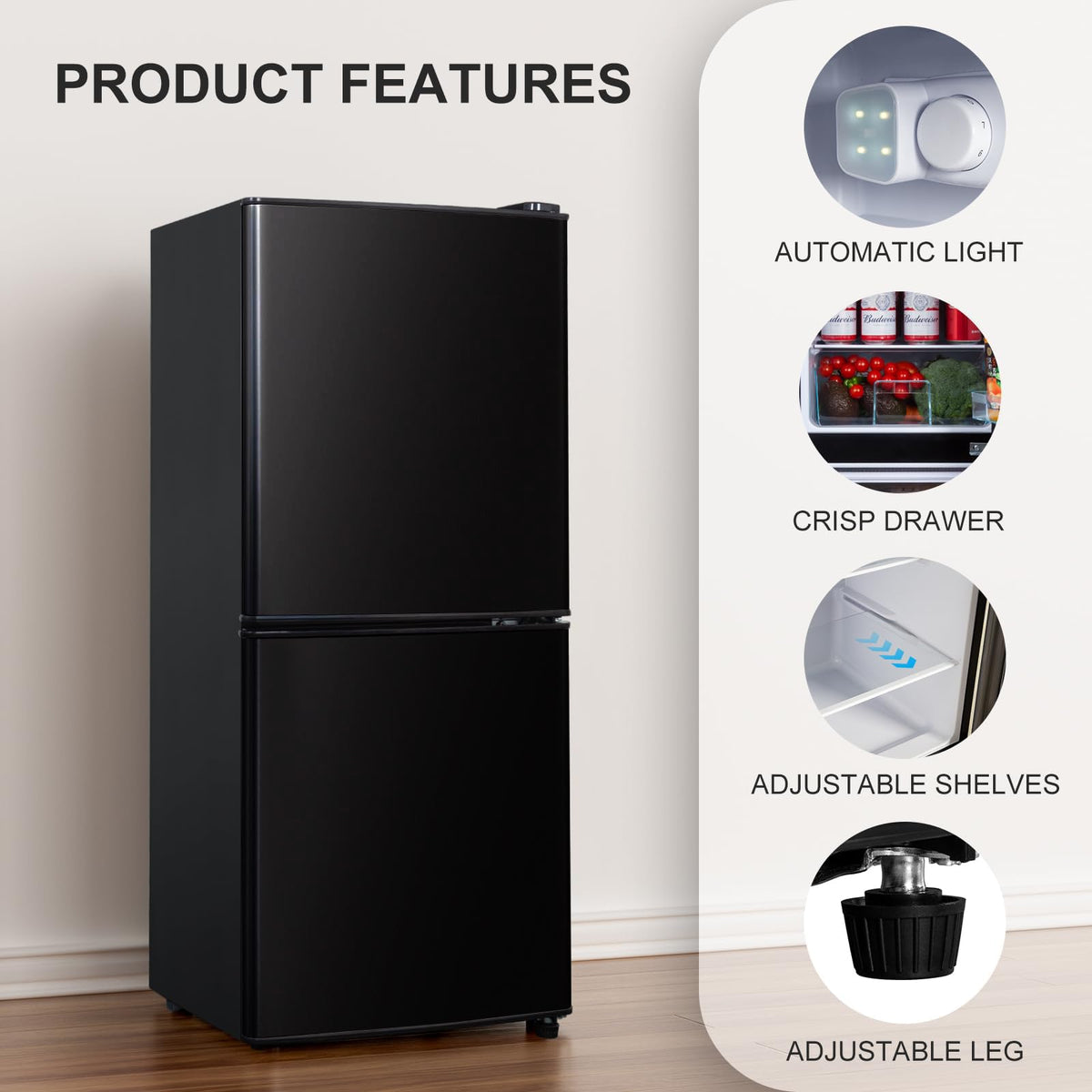 Cucina Magica Mini Fridge with Freezer, 3.2 cuft Small Refrigerator, 7 Adjustable Thermostat, Energy Saving, Low Noise, Double Door Compact Refrigerator for Dorm, Bedroom, Office - Silver