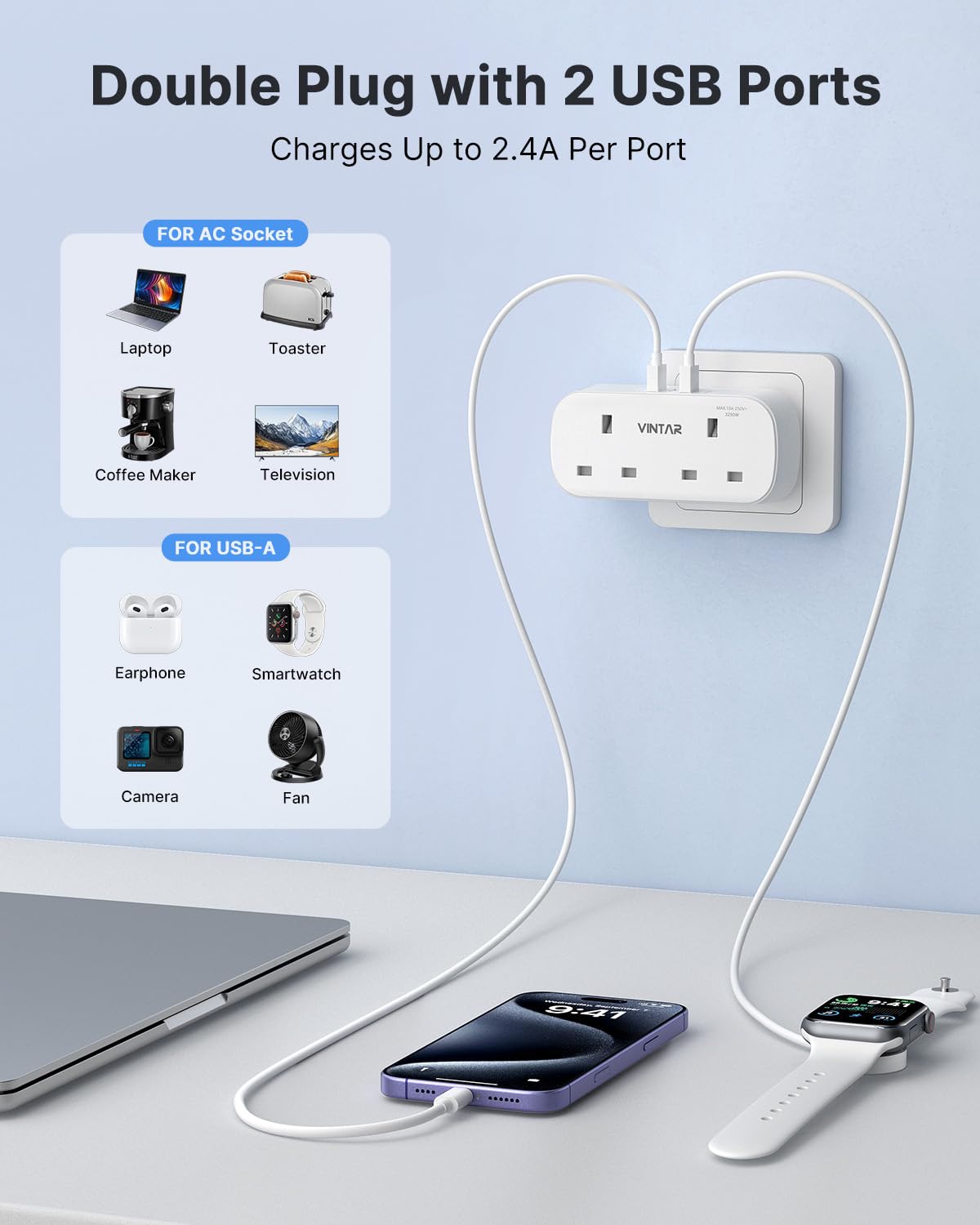 VINTAR Double Plug Adapter UK with 2 USB, 2 Way Plug Extension Sockets