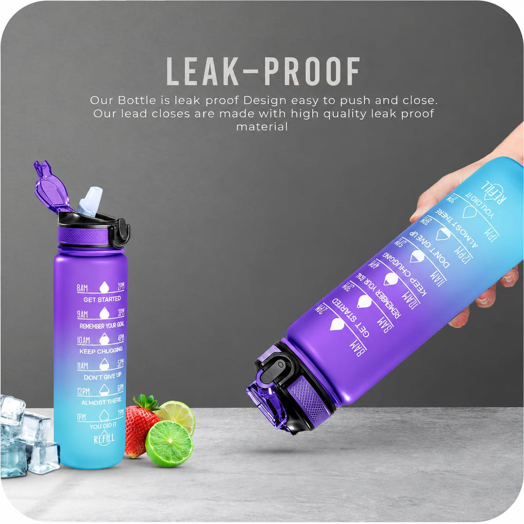 Roe Tenpo Sports Water Bottle with Straw and Time Marking, and 32OZ Capacity - Motivational and Eco-Friendly BPA-Free Bottle for Running, Gym, Yoga, Outdoors, and Camping (Style-1, Black)