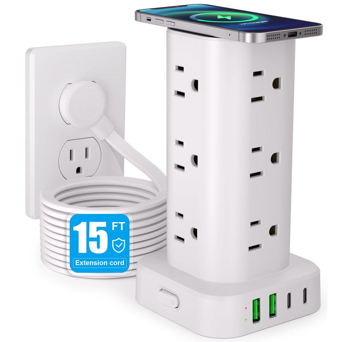 6FT Power Strip Tower with Wireless Charger,Surge Protector with 12 Outlets