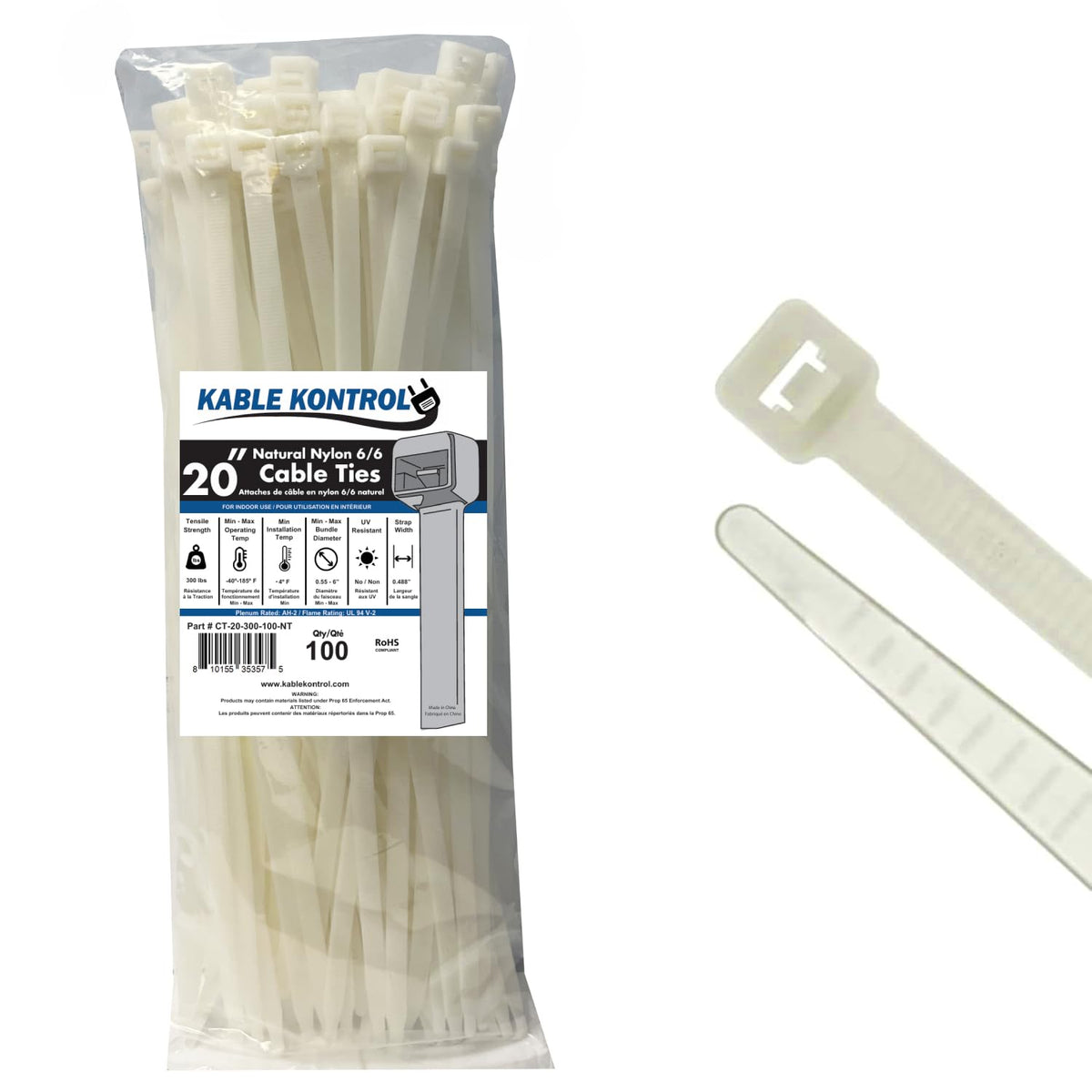 Kable Kontrol Cable Zip Ties, 4 Inch, 100 Pcs, 18lbs Test, Gray
