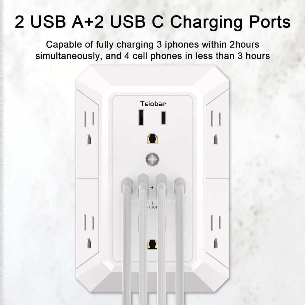 Multi Plug Wall Outlet Surge Protector with 6-Outlet & 4 USB Ports(2USB-C)