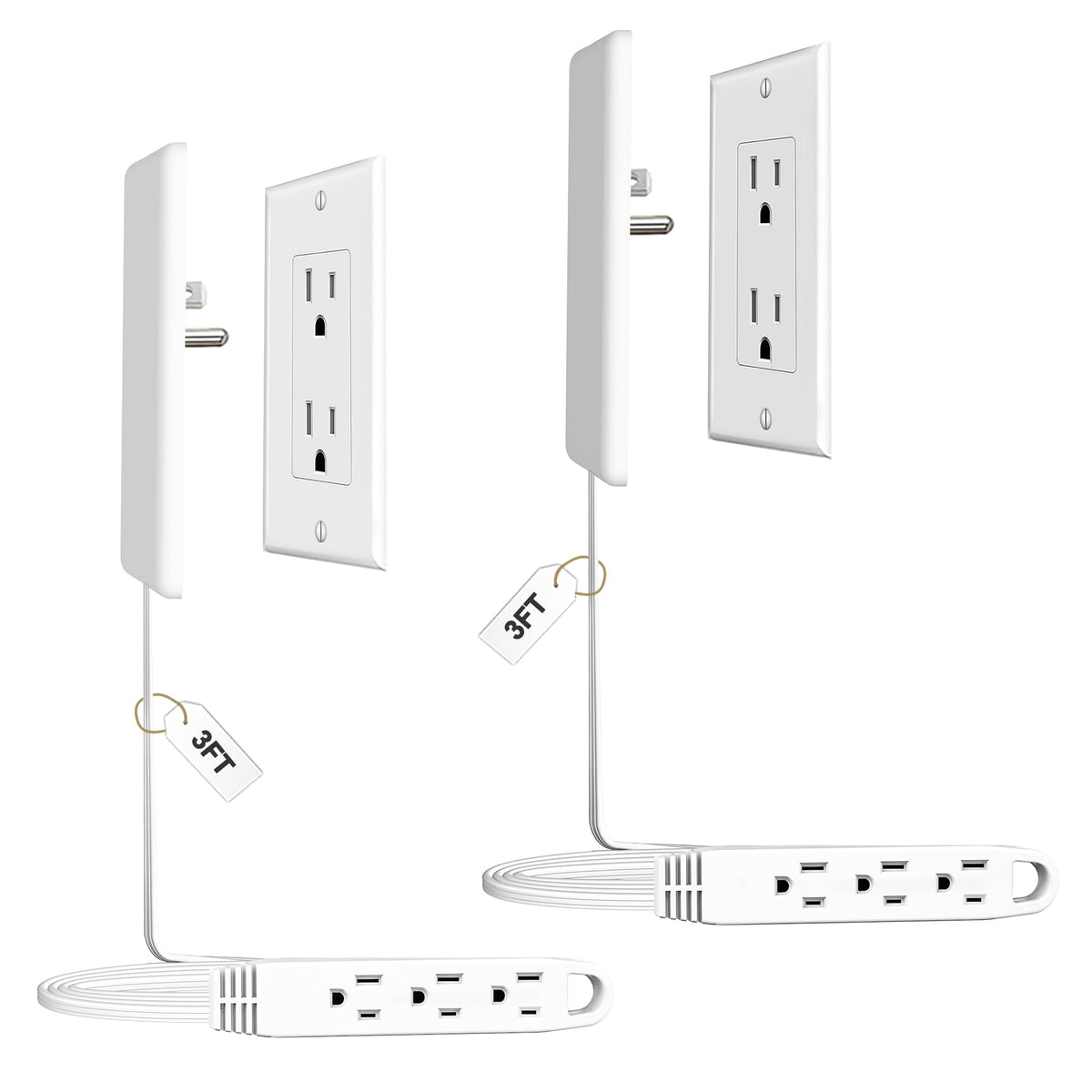 CABOCASA 3FT Flat Plug Extension Cord Power Strip 3 Outlets White Upward