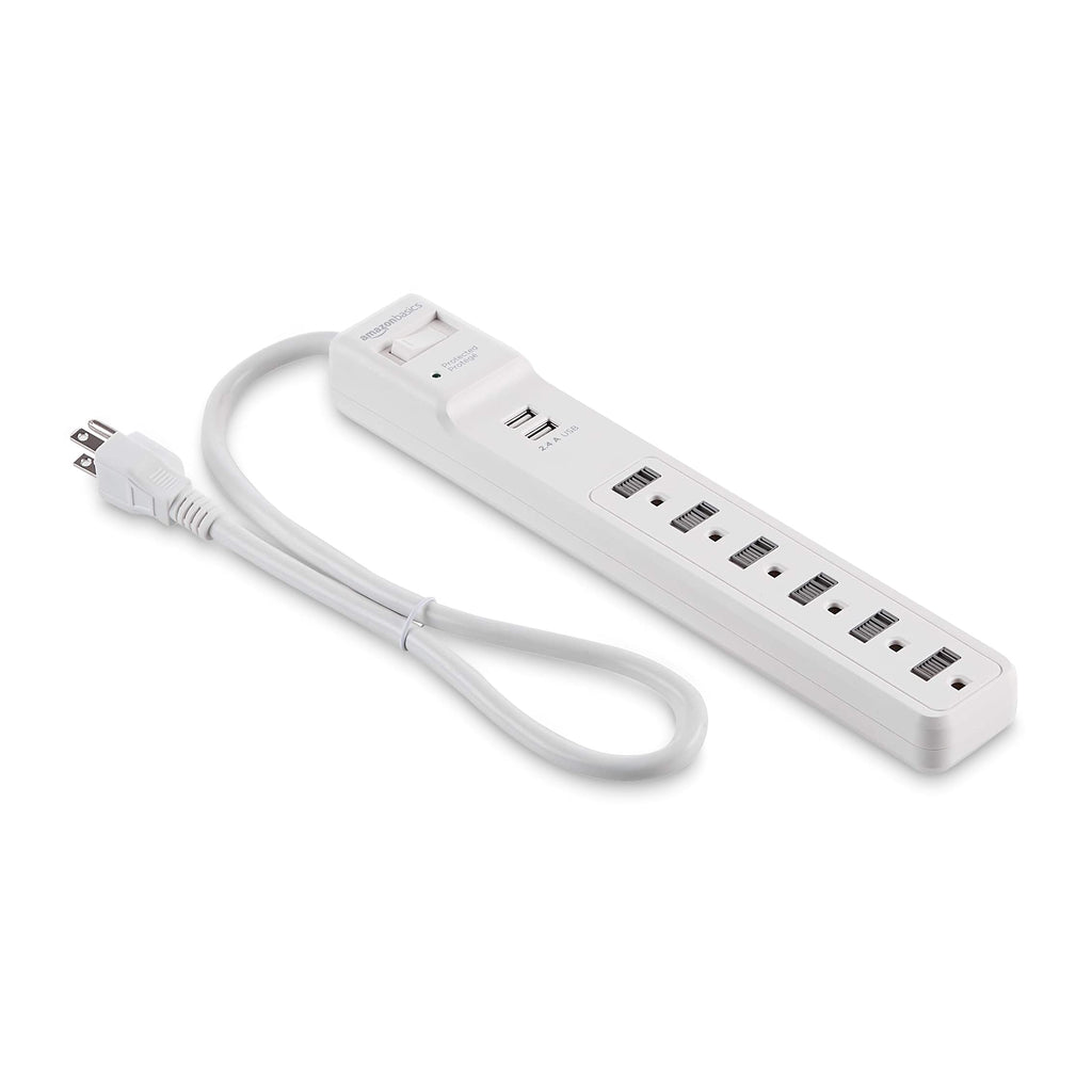 Amazon Basics Surge Protector Power Strip, 6-Outlet, 790 Joules, 6ft Extension Cord, Safety Shutters, White