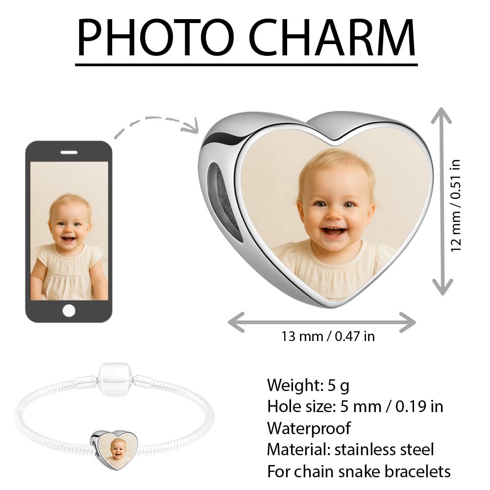 2Burned Custom Personalised Stainless Steel 316 Love Heart Photo Charm
