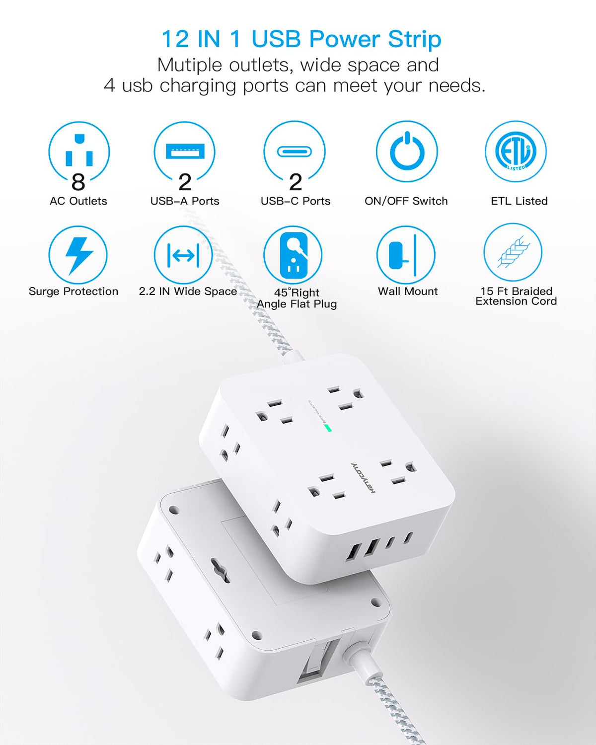 HANYCONY Surge Protector Power Strip, 10 Ft Braided Extension Cord, 1080J