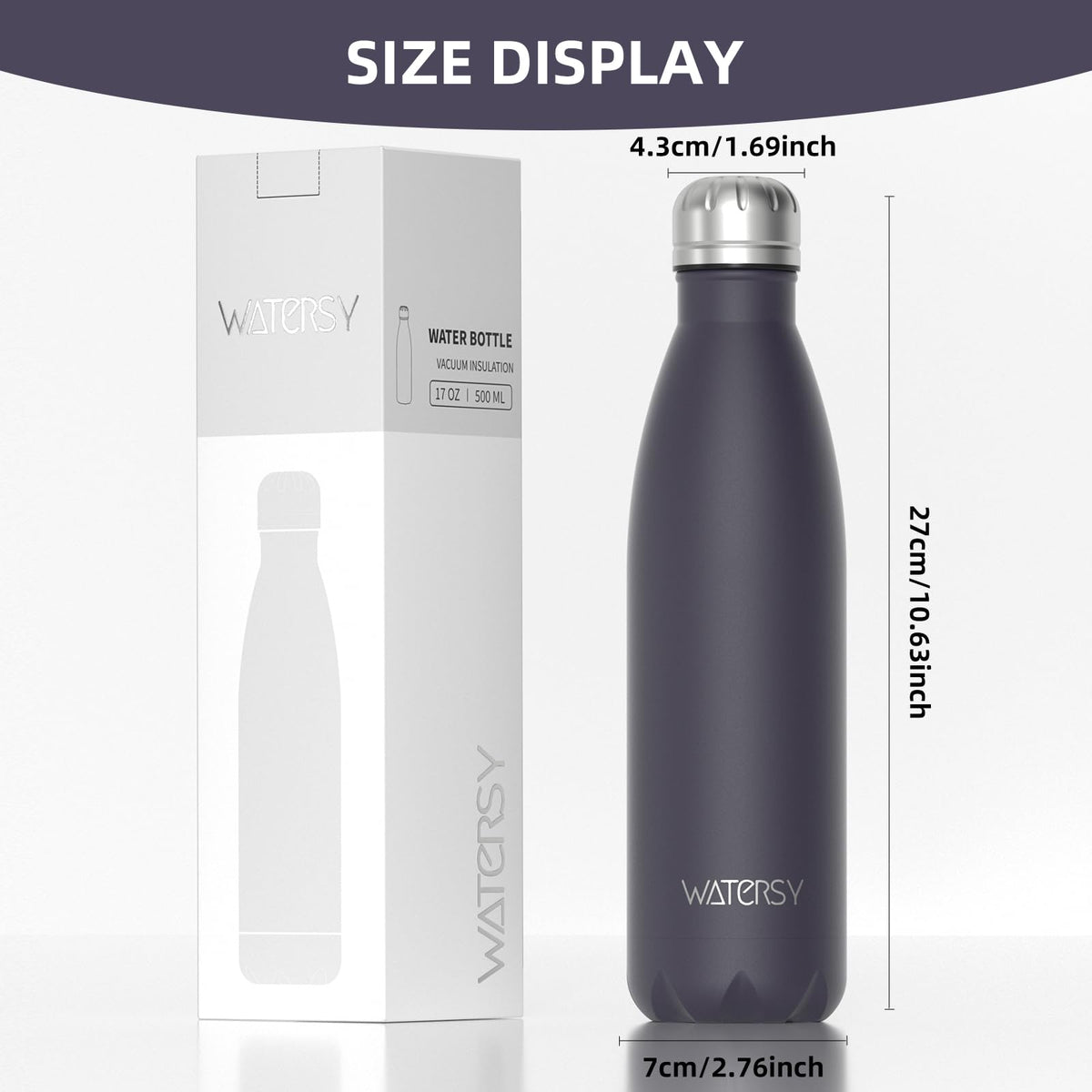 Stainless Steel Insulated Water Bottle, WATERSY Double Walled Metal Vacuum Flask Keep 24 Hrs Cold & 12 Hrs Hot Thermal Metal Sports Bottles 500ml BPA Free for Outdoor, Work, Gym, School (Black)