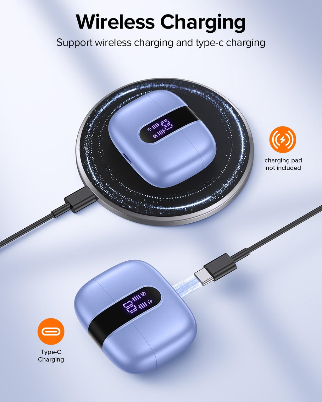TAGRY Bluetooth Headphones True Wireless Earbuds 60H Playback LED Power Display Earphones with Wireless Charging Case IPX5 Waterproof in-Ear Ear buds with Mic for TV Smart Phone Laptop Computer Sports