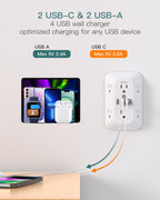 Addtam 6-Outlet Extender Surge Protector, Multi Plug Wall Outlet with 4 USB Wall Charger(PD 30W), Plug Extension Outlet with 1800J, Outlet Splitter Power Strip for Home Office, White