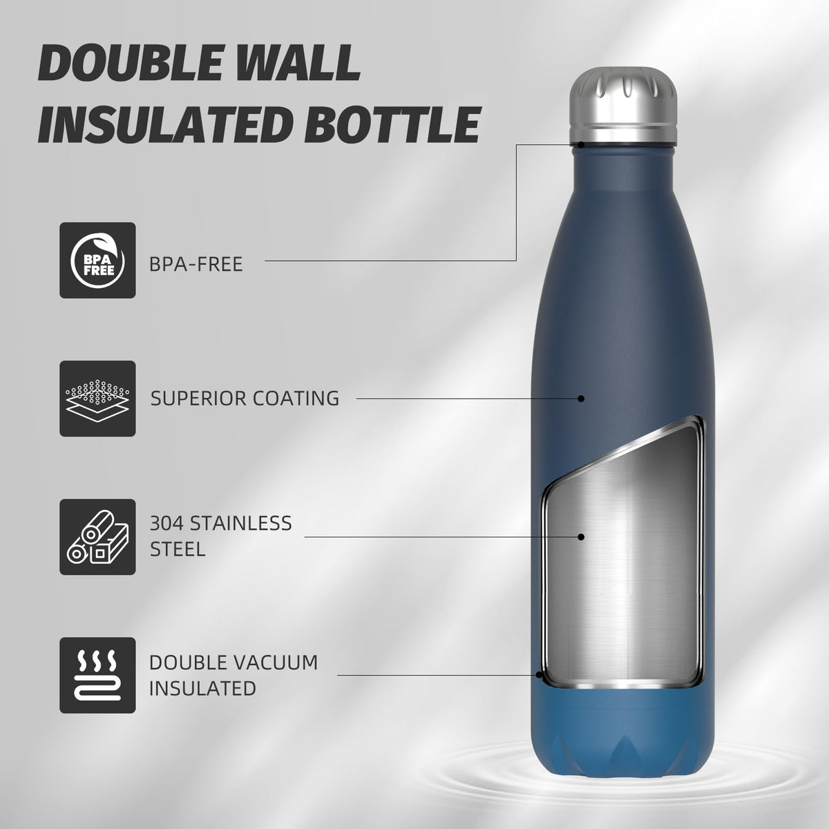 Stainless Steel Insulated Water Bottle, WATERSY Double Walled Metal Vacuum Flask Keep 24 Hrs Cold & 12 Hrs Hot Thermal Metal Sports Bottles 500ml BPA Free for Outdoor, Work, Gym, School (Black)